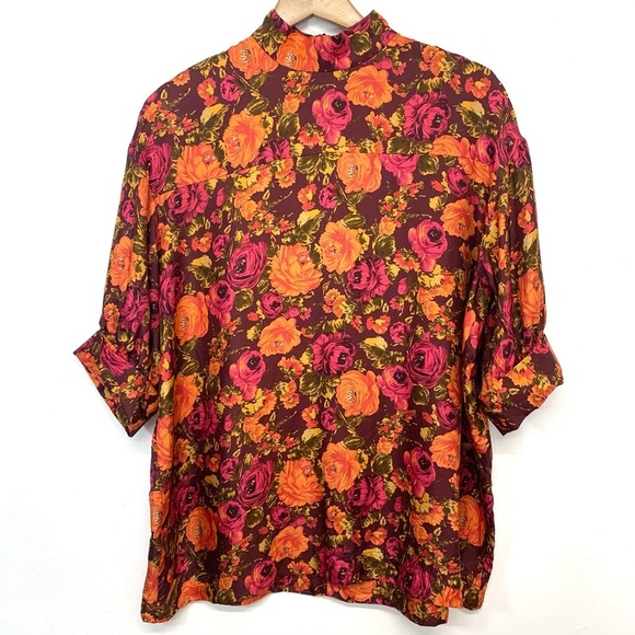 Zara Silk Blouse‎ Top Woman Medium  Purple Floral High Neck Colorful Tropical - Picture 1 of 13